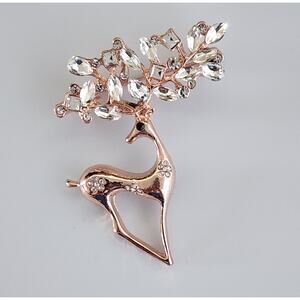 Reindeer Christmas Brooch Simple Classy Goldtone Metal Faux Jewels & Crystals